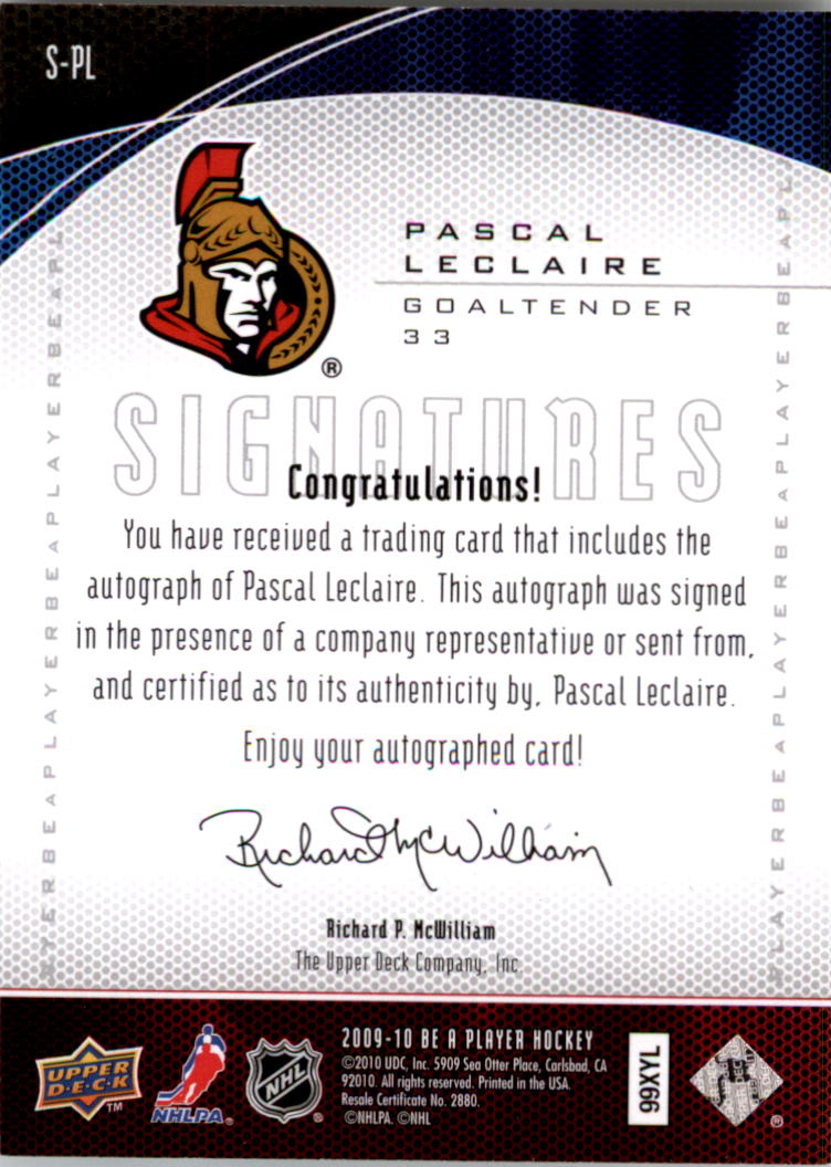 2009-10 Be A Player Signatures #SPL Pascal Leclaire back image