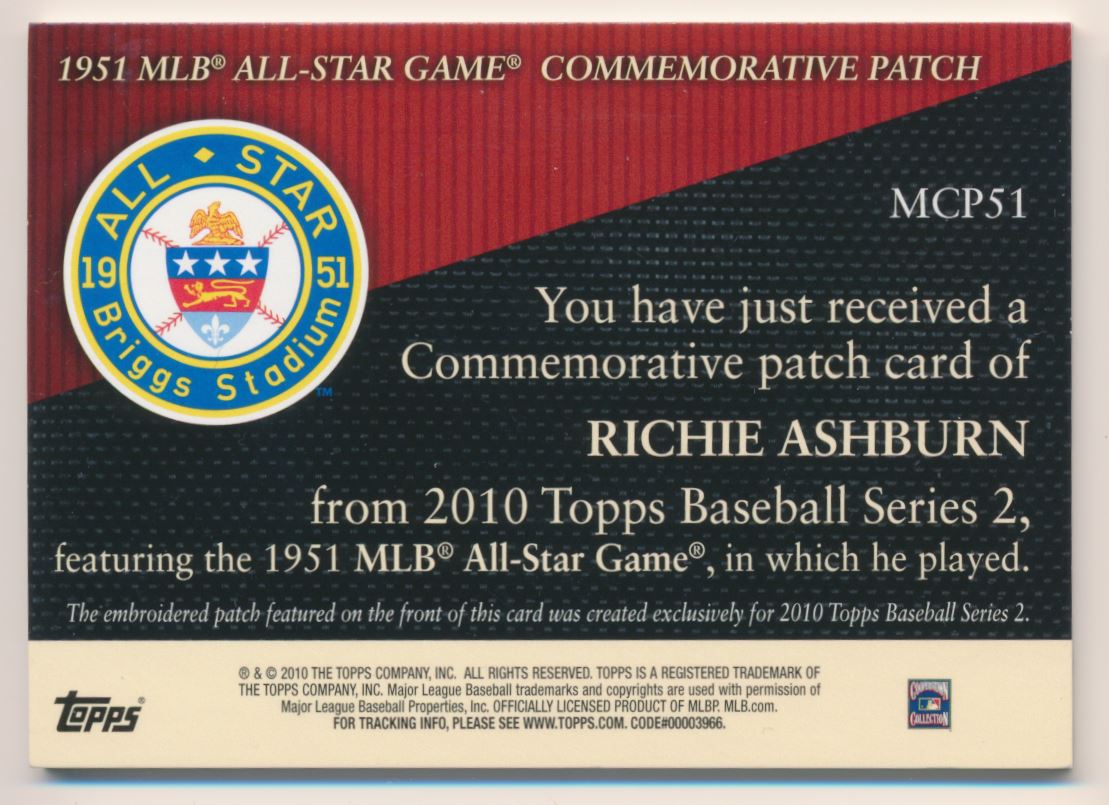2010 Topps Commemorative Patch #MCP51 Richie Ashburn back image