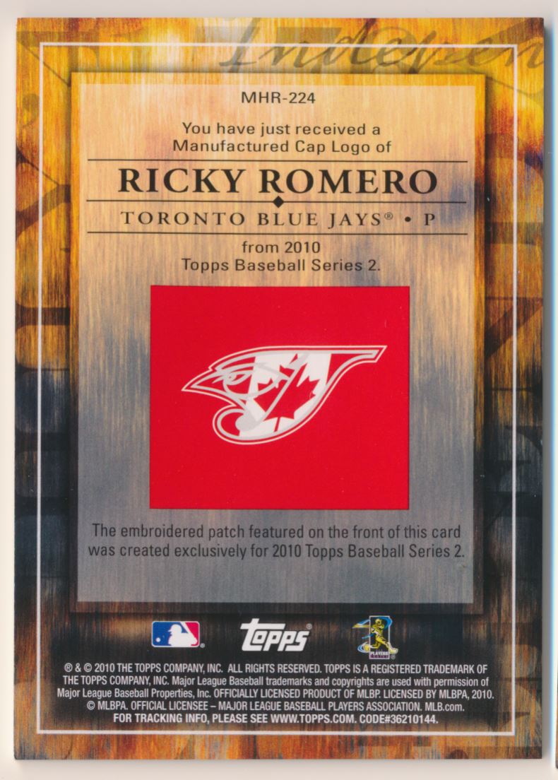 2010 Topps Manufactured Hat Logo Patch #MHR224 Ricky Romero back image