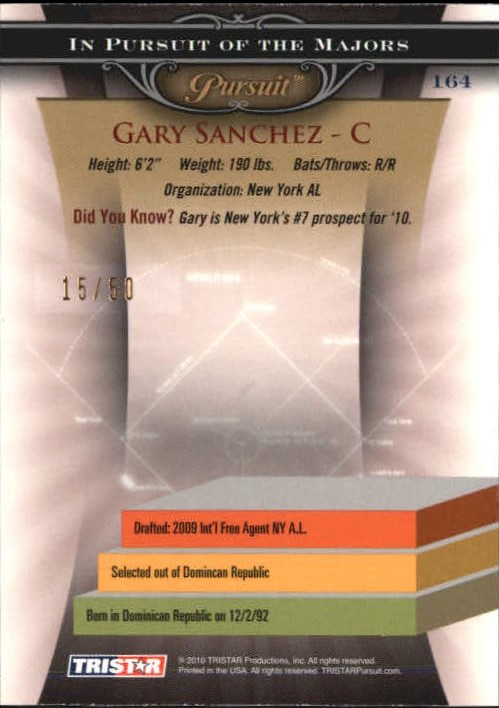 2010 TRISTAR Pursuit Gold #164a Gary Sanchez back image