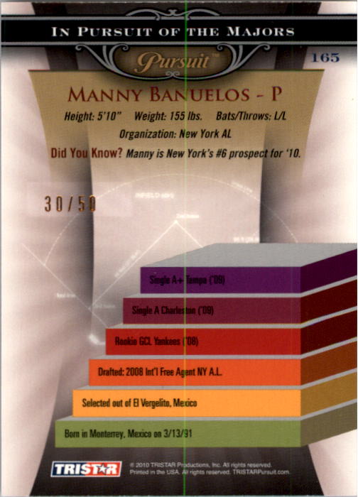 2010 TRISTAR Pursuit Gold #165 Manny Banuelos back image