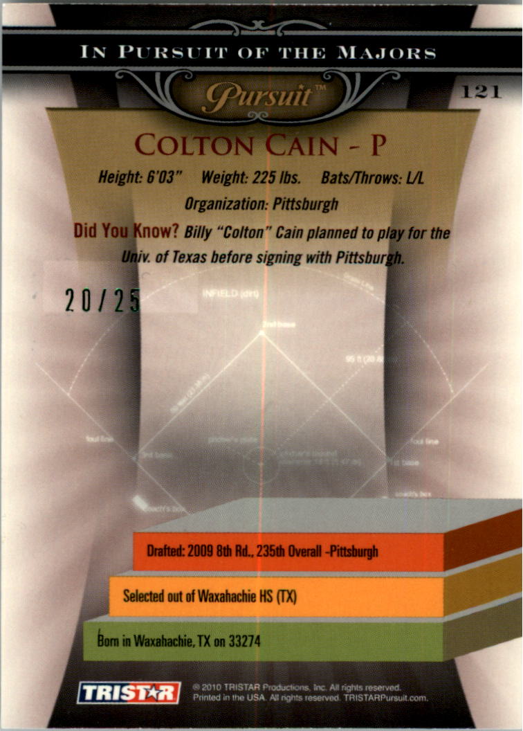 2010 TRISTAR Pursuit Autographs Green #121 Colton Cain back image