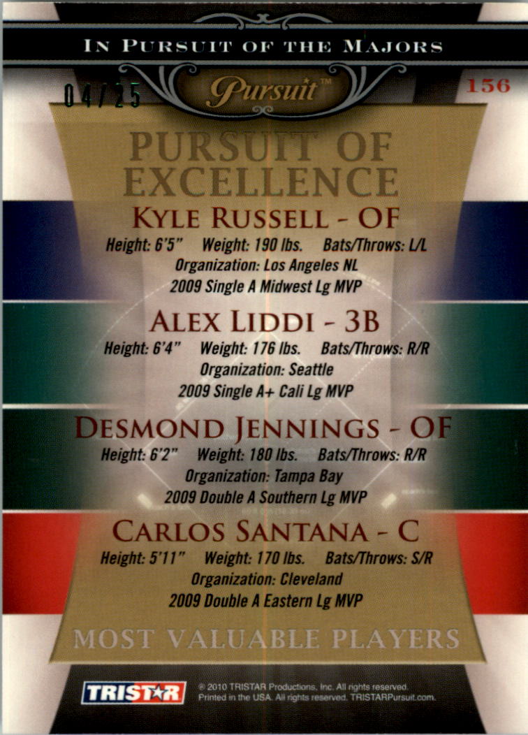 2010 TRISTAR Pursuit Autographs Green #156 Kyle Russell/Alex Liddi/Desmond Jennings/Carlos Santana back image
