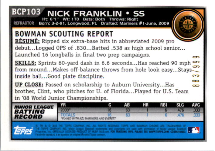 2010 Bowman Chrome Prospects Purple Refractors #BCP103 Nick Franklin