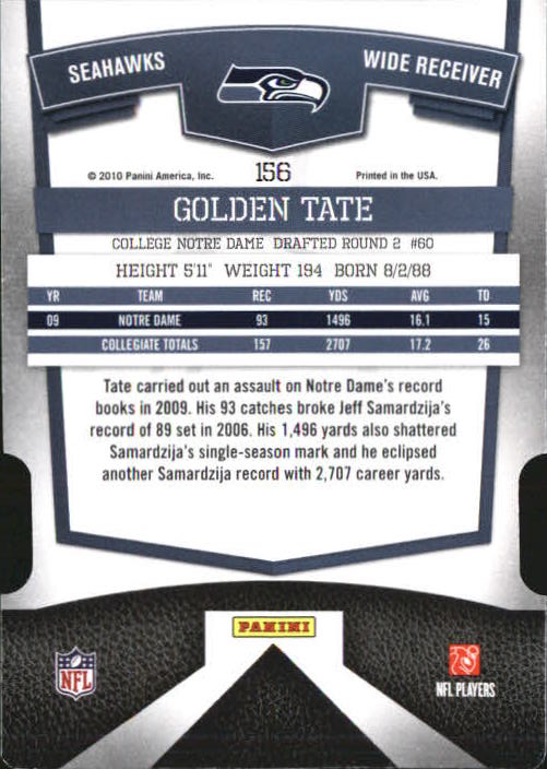 2010 Donruss Elite Status #156 Golden Tate/77 back image