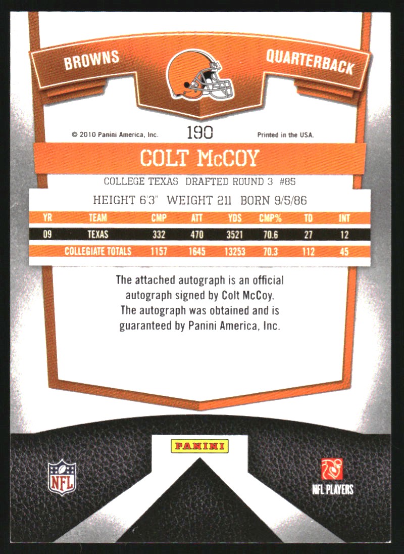 2010 Donruss Elite Turn of the Century Autographs #190 Colt McCoy/249 back image