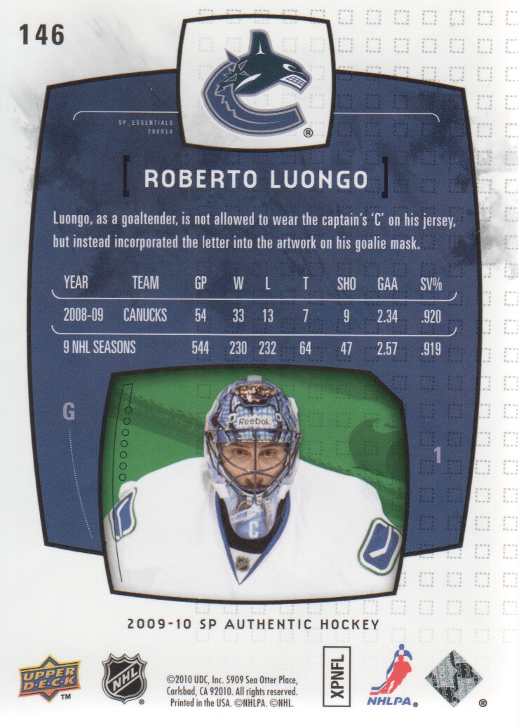 2009-10 SP Authentic #146 Roberto Luongo ESS back image