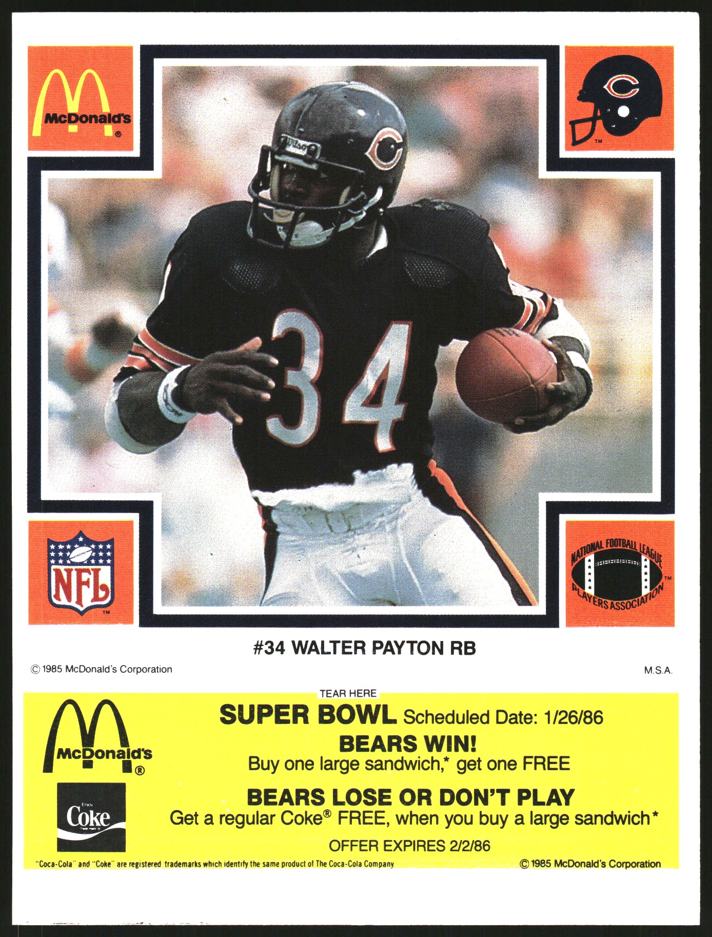 1985 McDonald's Bears Yellow Tab #34 Walter Payton