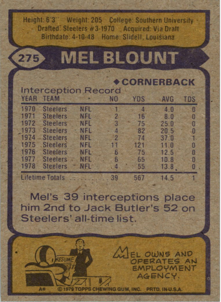 1979 Topps Cream Colored Back #275 Mel Blount back image