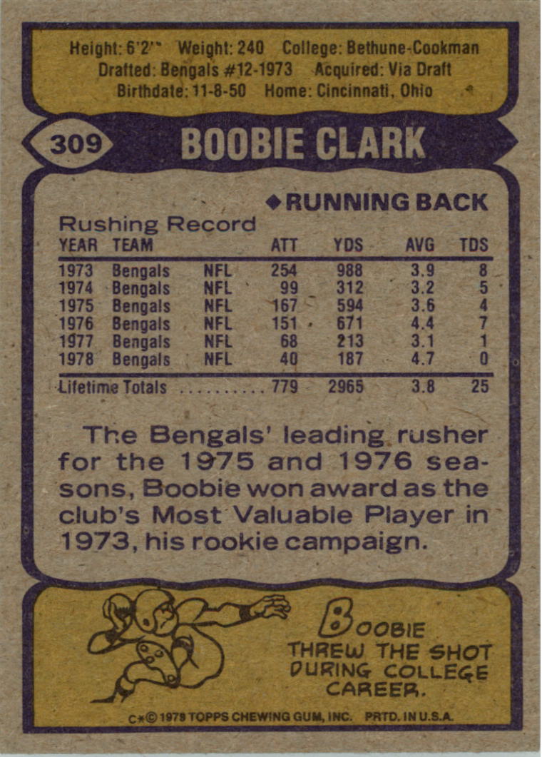 1979 Topps Cream Colored Back #309 Boobie Clark back image