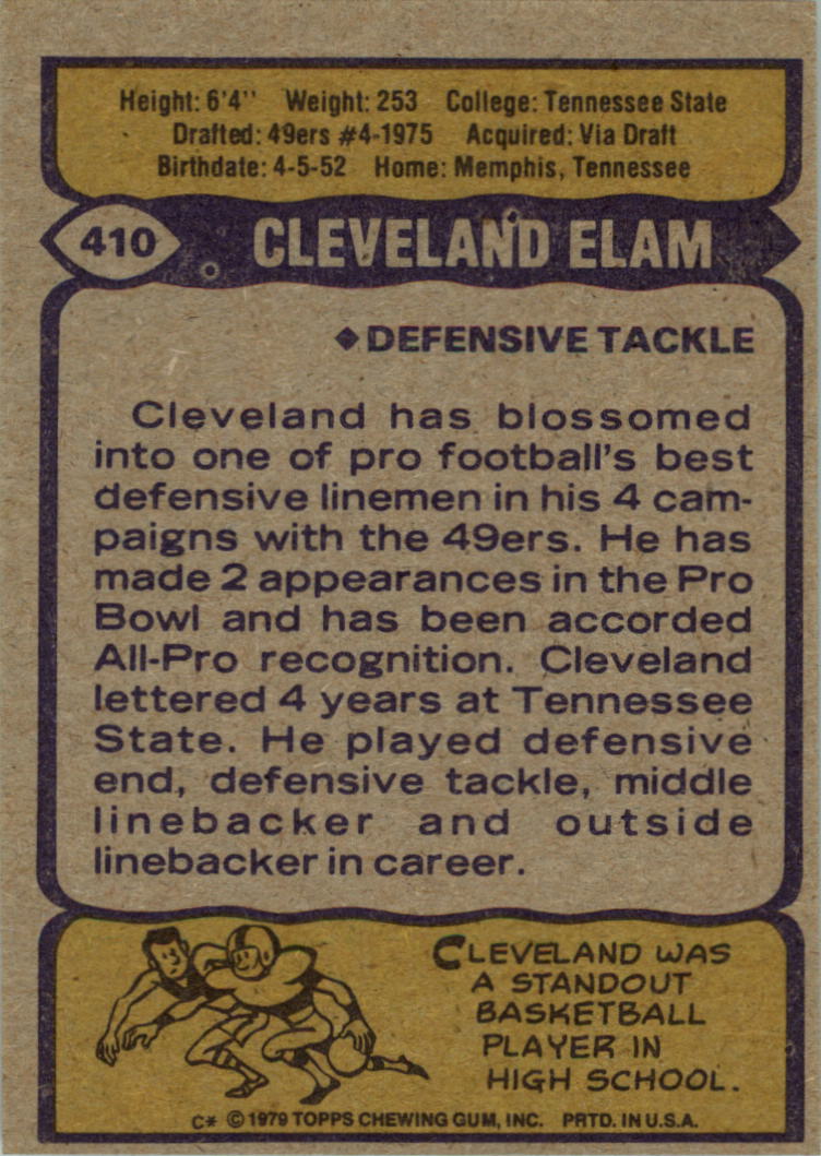 1979 Topps Cream Colored Back #410 Cleveland Elam back image