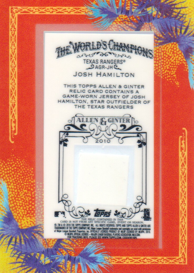 2010 Topps Allen and Ginter Relics #JH Josh Hamilton back image
