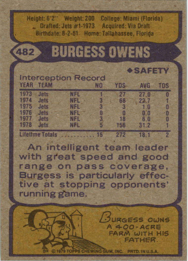 1979 Topps Cream Colored Back #482 Burgess Owens back image