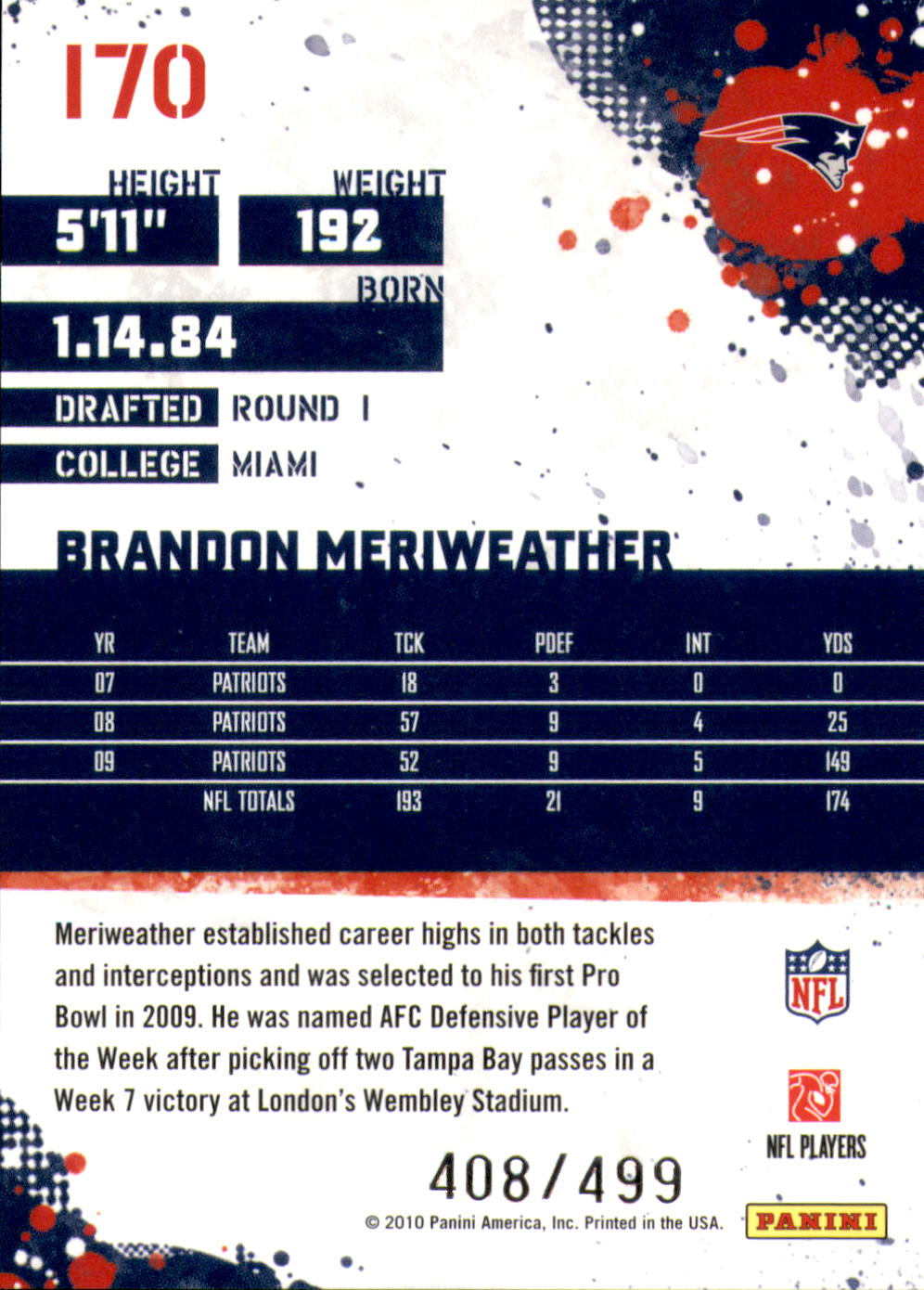 2010 Score Scorecard #170 Brandon Meriweather back image