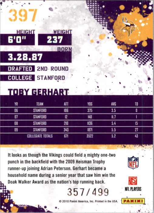 2010 Score Scorecard #397 Toby Gerhart back image