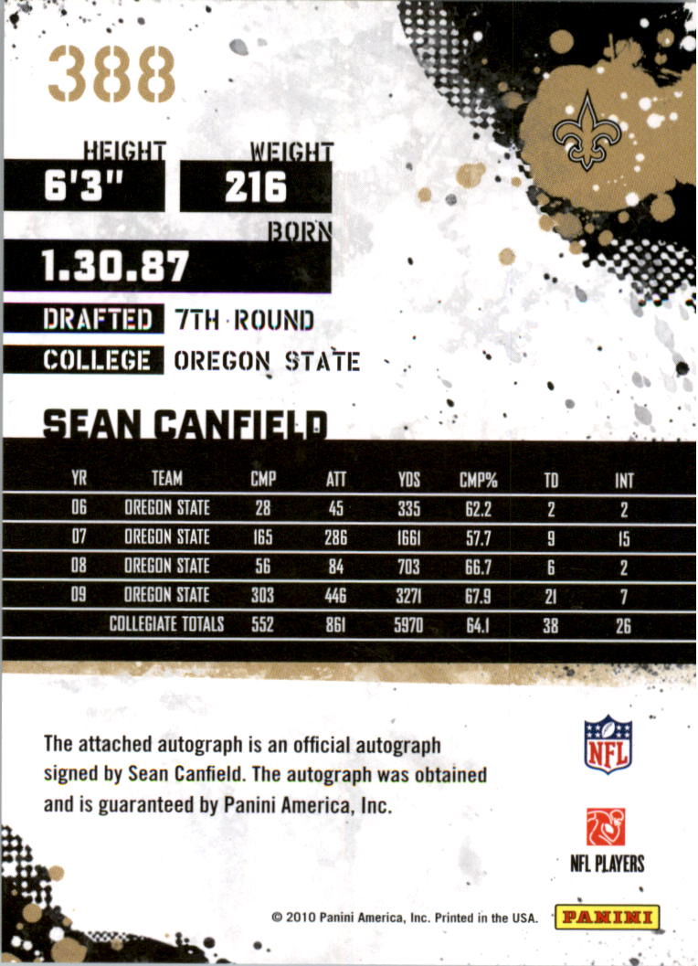 2010 Score Signatures #388 Sean Canfield back image