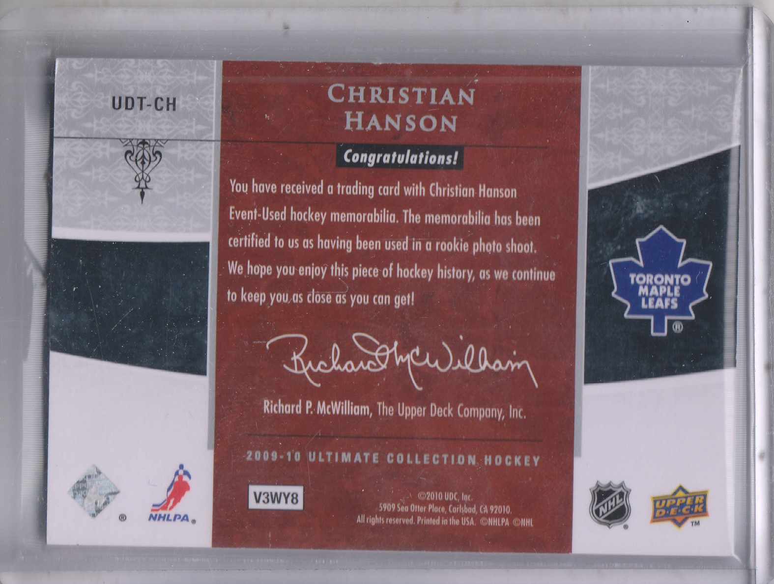 2009-10 Ultimate Collection Debut Threads #UDTCH Christian Hanson back image