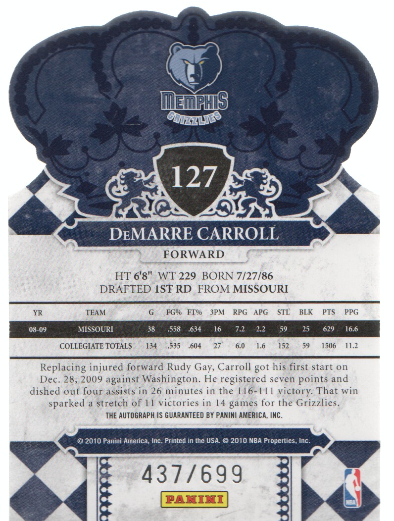 2009-10 Crown Royale #127 DeMarre Carroll AU/699 RC back image