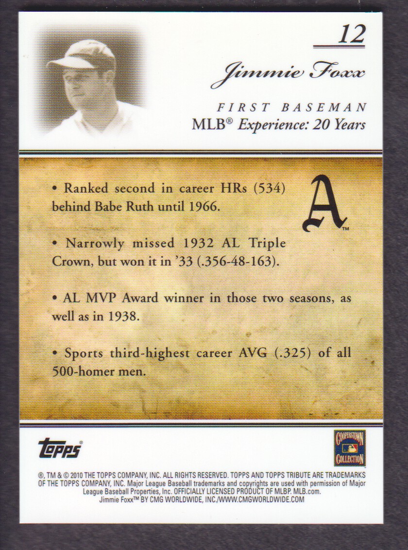 2010 Topps Tribute Blue #12 Jimmie Foxx back image