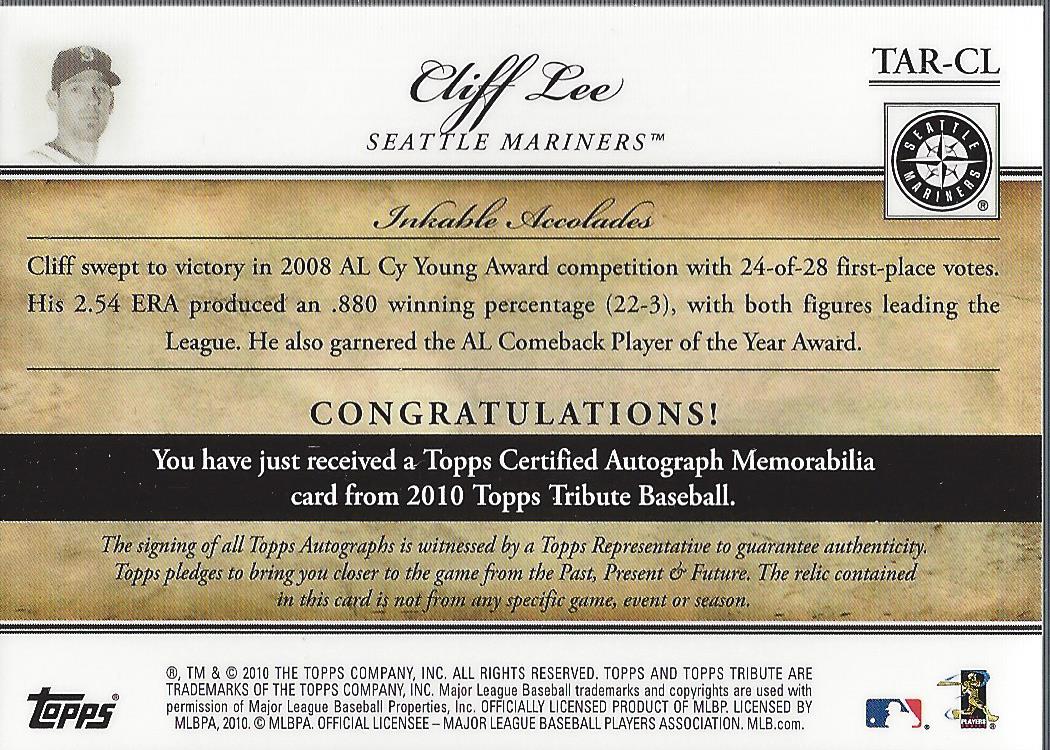 2010 Topps Tribute Autograph Relics #CL1 Cliff Lee back image
