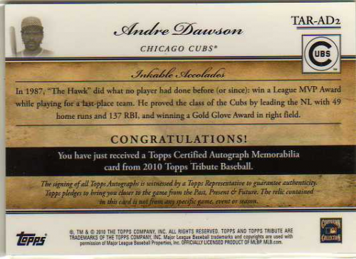 2010 Topps Tribute Autograph Relics Blue #AD2 Andre Dawson back image