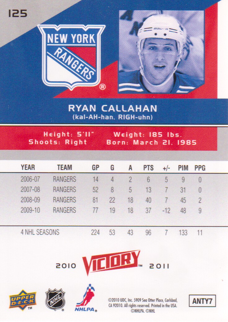 2010-11 Upper Deck Victory #125 Ryan Callahan back image