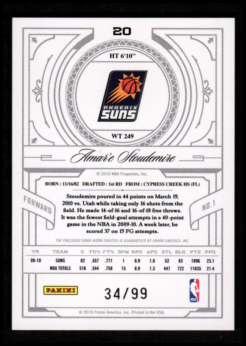 2009-10 Playoff National Treasures Century Materials #20 Amare Stoudemire/99 back image