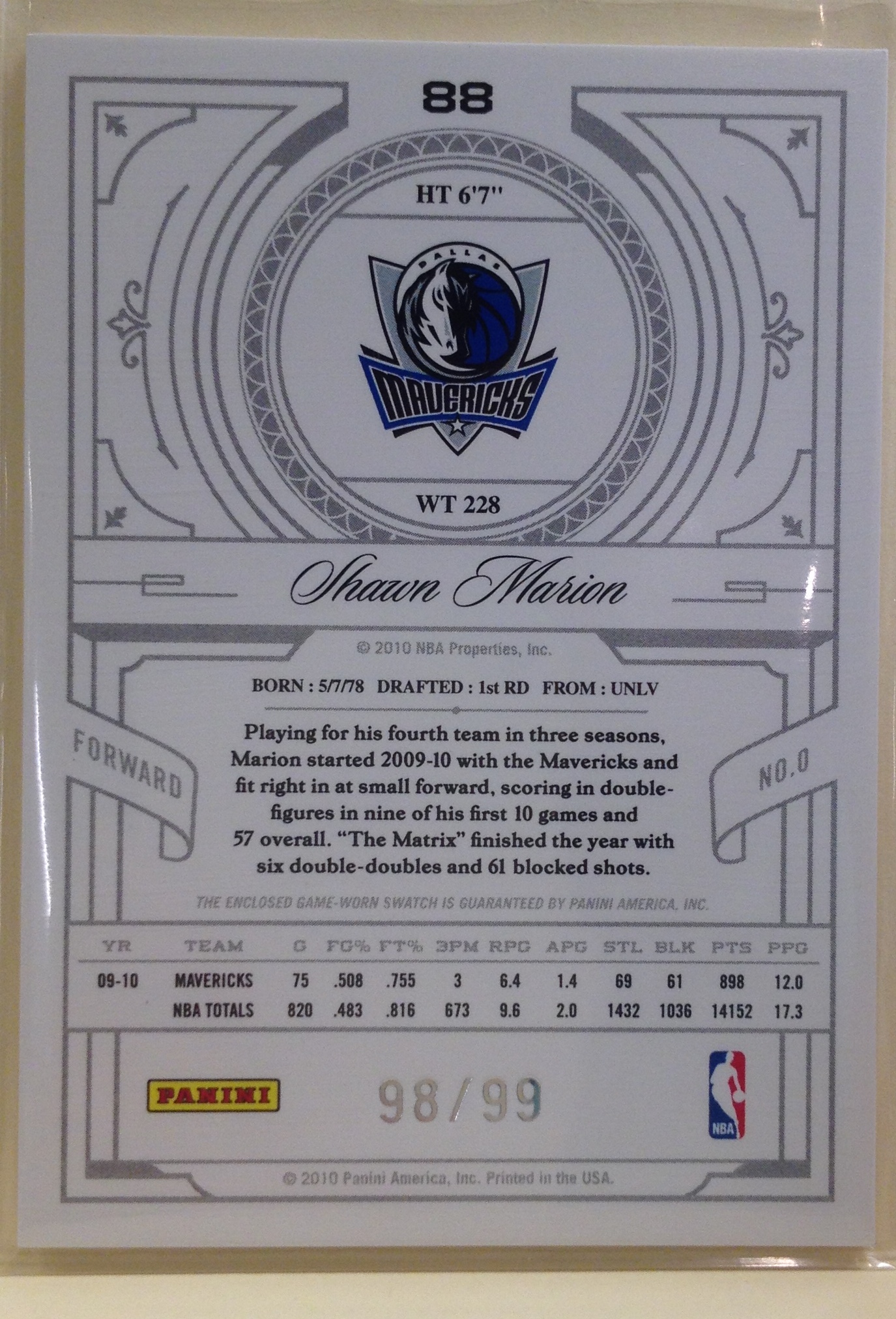 2009-10 Playoff National Treasures Century Materials #88 Shawn Marion/99 back image