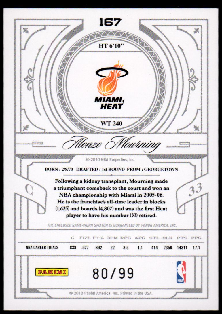 2009-10 Playoff National Treasures Century Materials #167 Alonzo Mourning/99 back image
