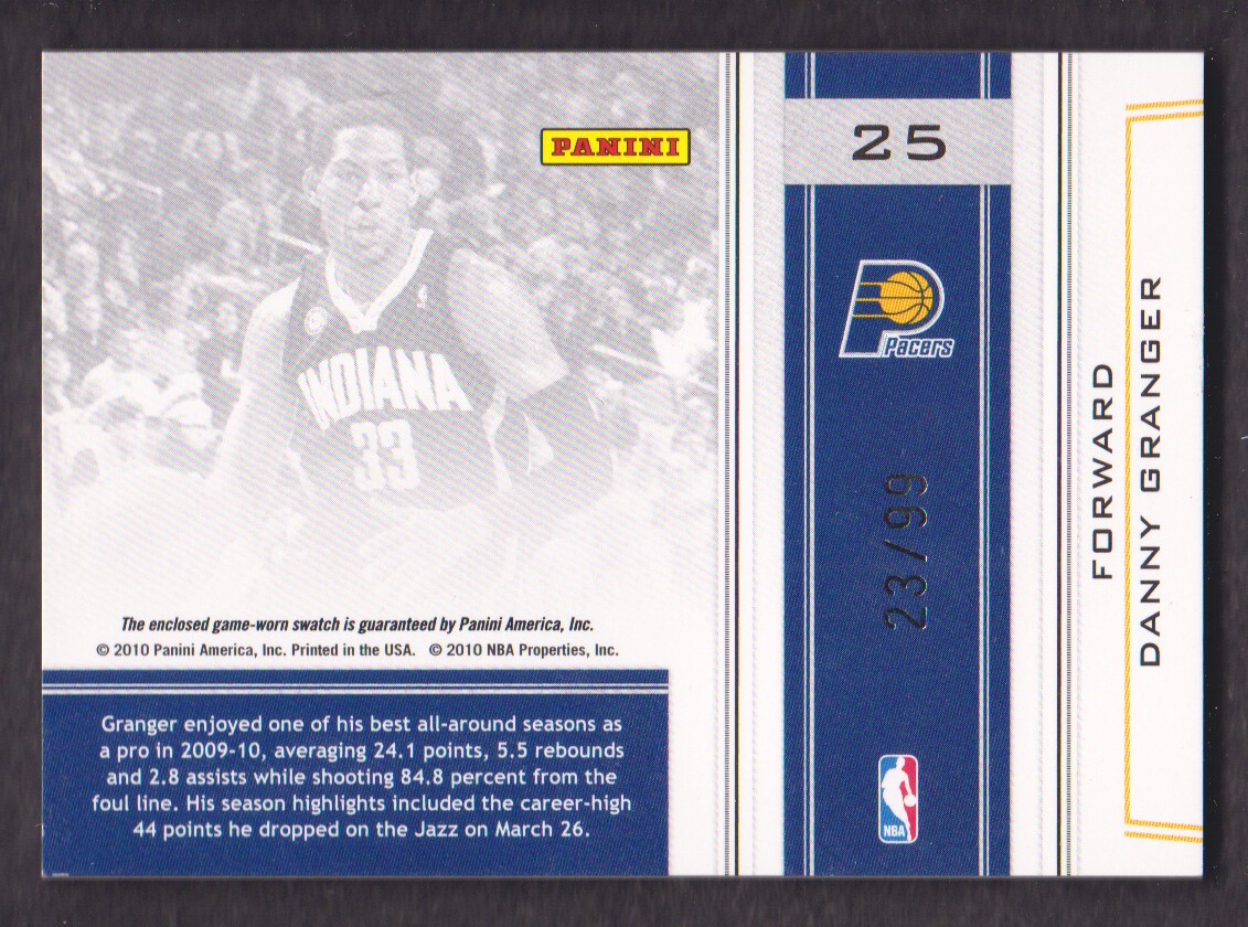 2009-10 Playoff National Treasures Colossal Materials Jersey Numbers #25 Danny Granger/99 back image