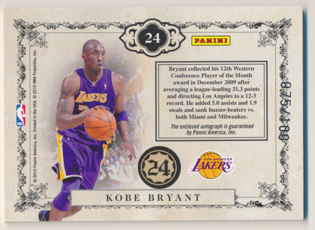 2009-10 Playoff National Treasures Signature Patches NBA Team #24 Kobe Bryant/100 back image