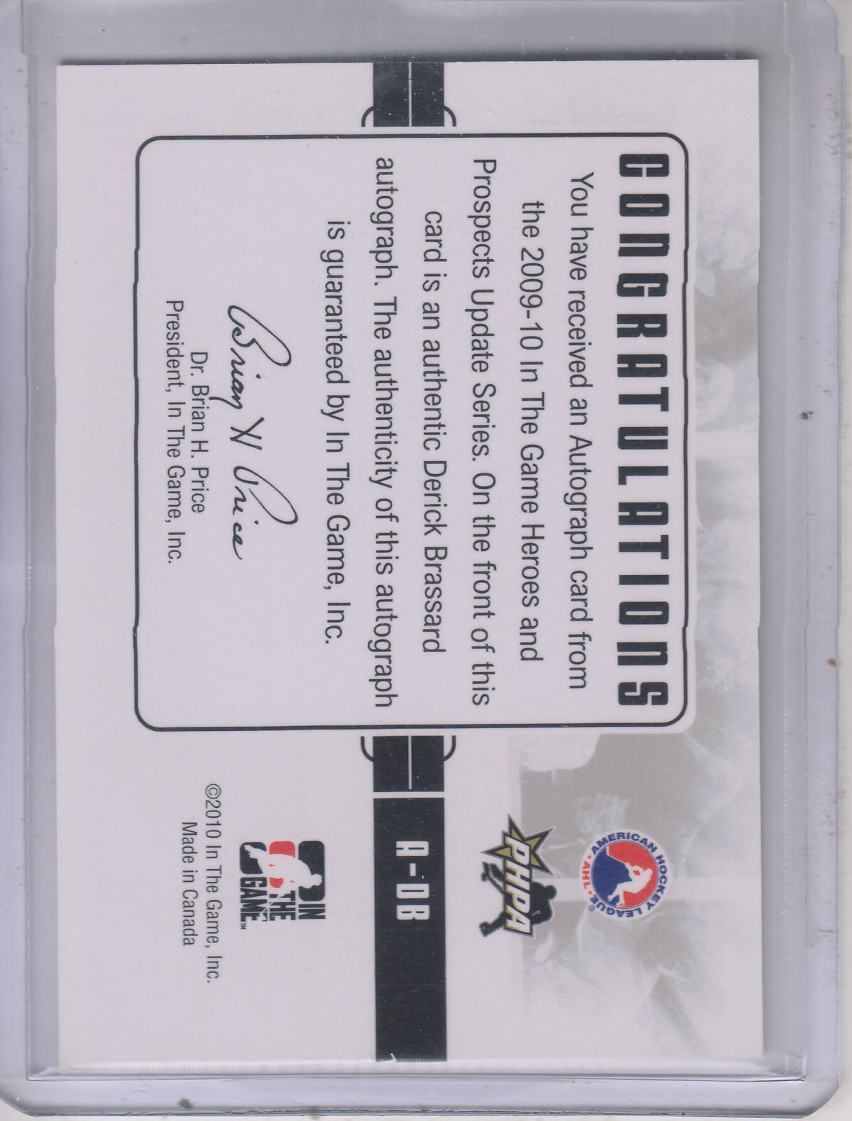 2009-10 ITG Heroes and Prospects Autographs #ADB2 Derick Brassard back image