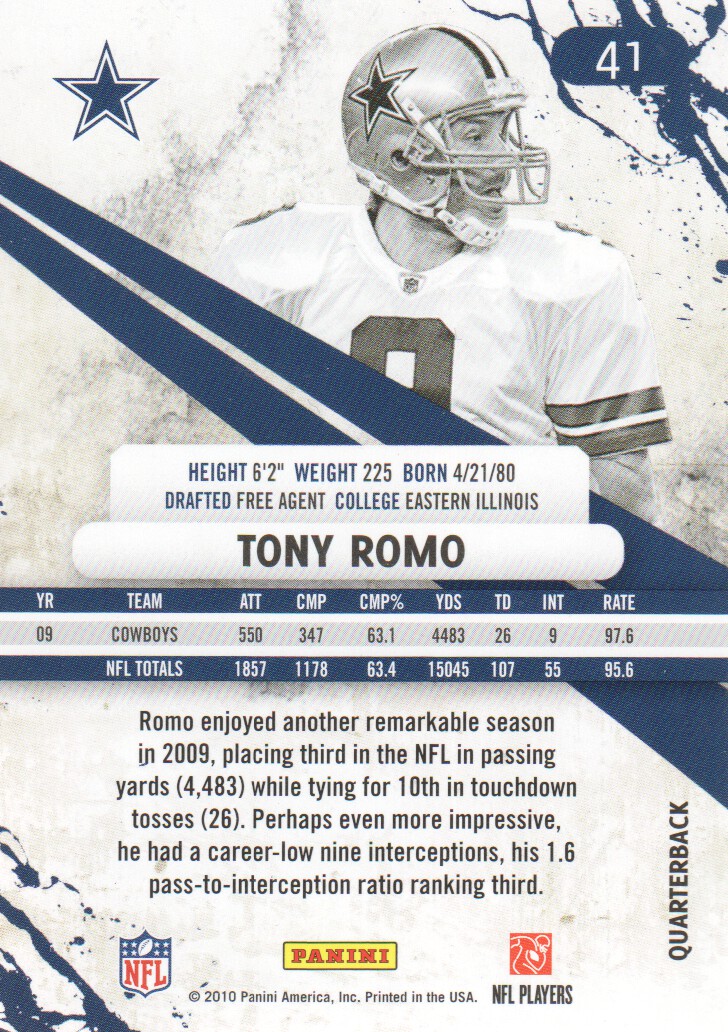 2010 Rookies and Stars #41 Tony Romo back image