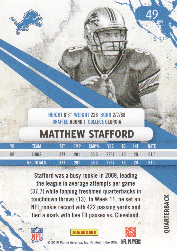 2010 Rookies and Stars #49 Matthew Stafford back image