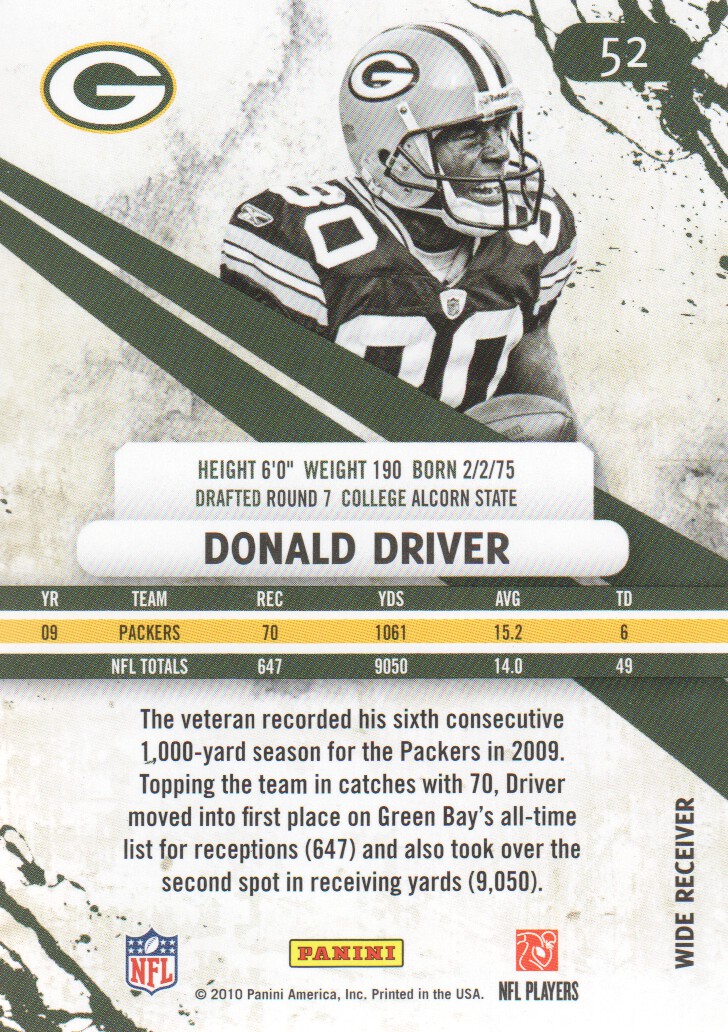 2010 Rookies and Stars #52 Donald Driver back image