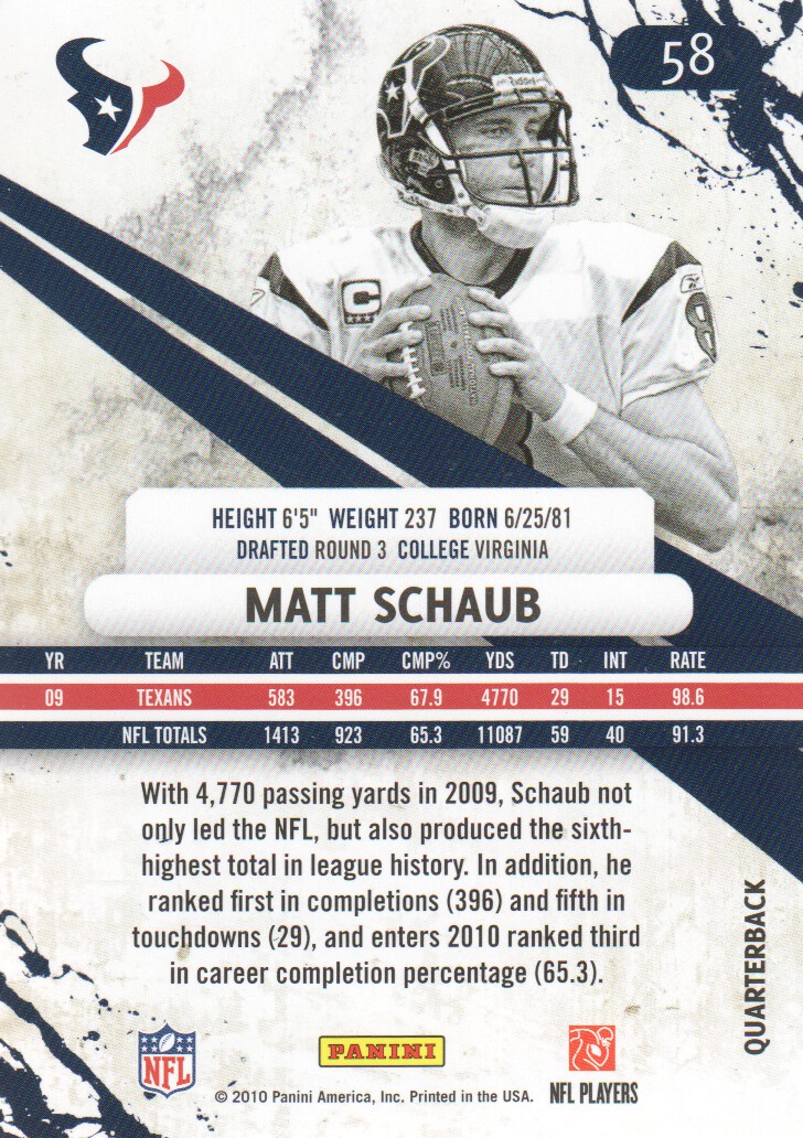 2010 Rookies and Stars #58 Matt Schaub back image