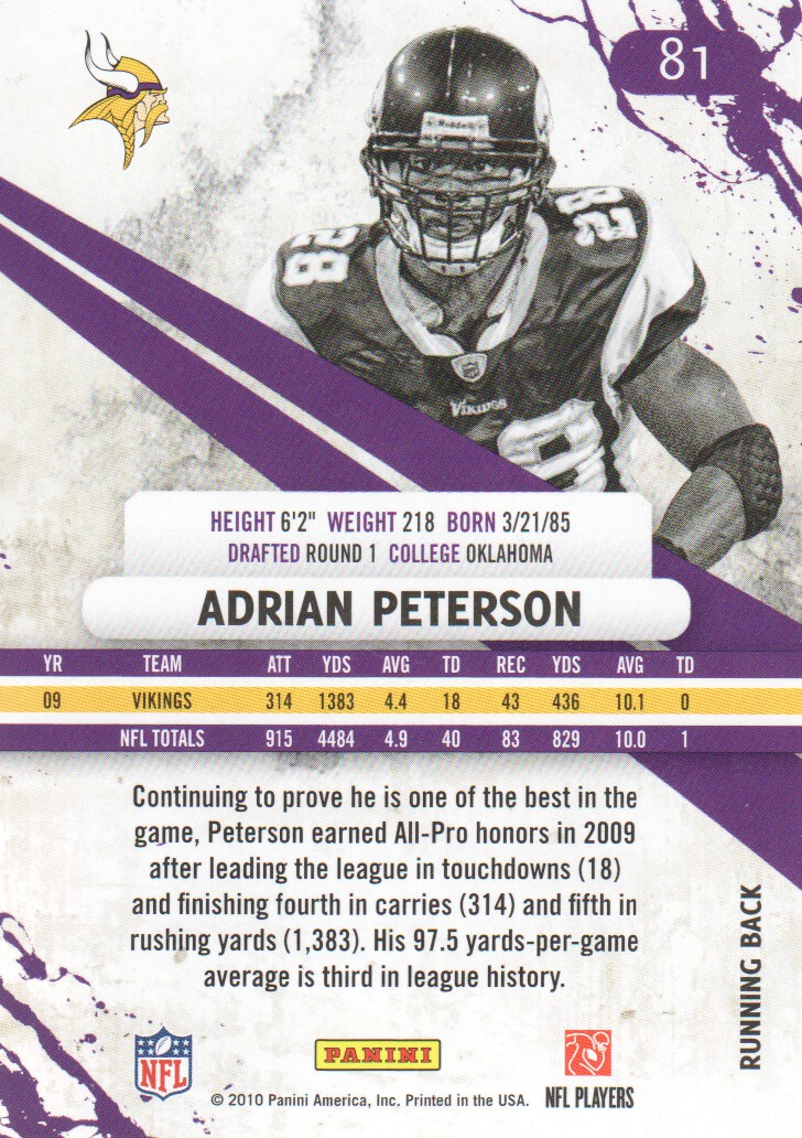 2010 Rookies and Stars #81 Adrian Peterson back image