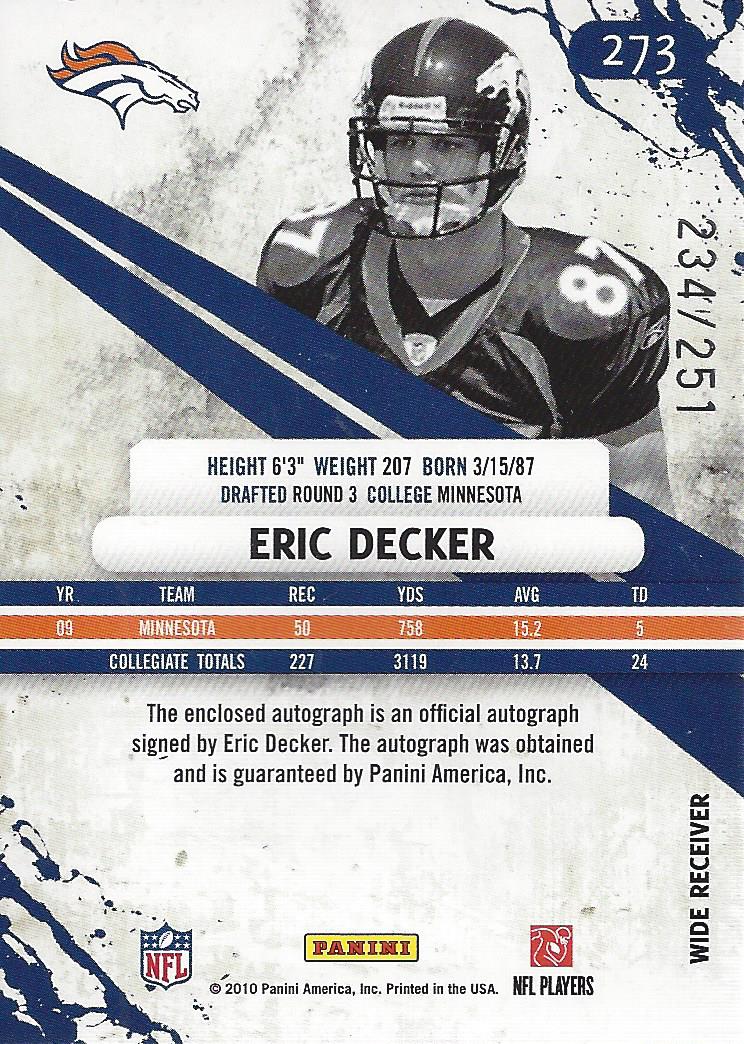 2010 Rookies and Stars #273 Eric Decker AU/251 RC back image