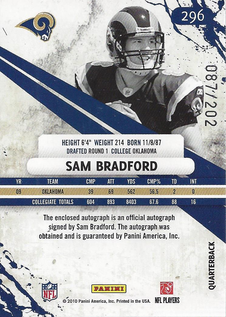 2010 Rookies and Stars #296 Sam Bradford AU/202 RC back image