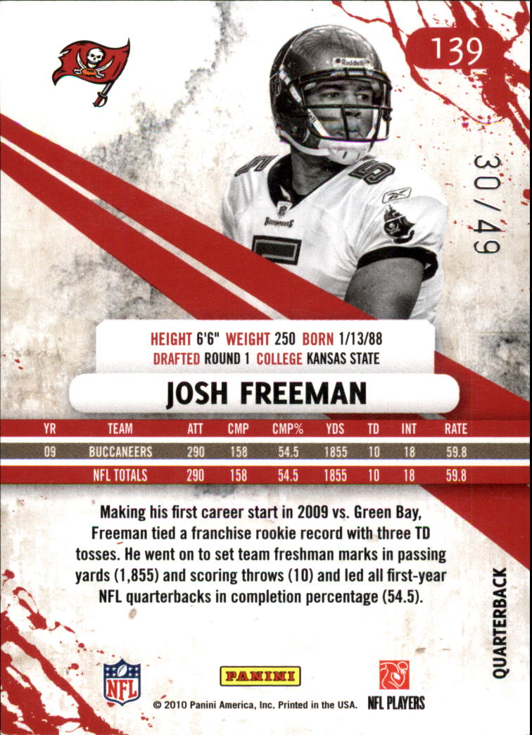 2010 Rookies and Stars Longevity Parallel Gold #139 Josh Freeman back image
