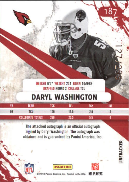 2010 Rookies and Stars Rookie Autographs Holofoil #187 Daryl Washington back image