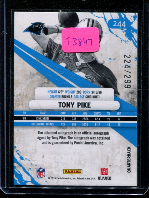 2010 Rookies and Stars Rookie Autographs Holofoil #244 Tony Pike back image