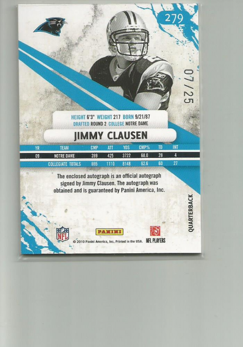 2010 Rookies and Stars Rookie Patch Autographs Blue Team Logo #279 Jimmy Clausen back image
