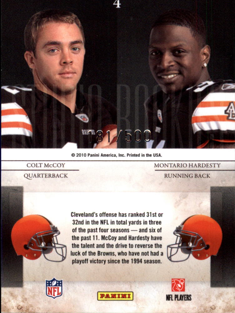 2010 Rookies and Stars Studio Rookies Combos Gold #4 Colt McCoy/Montario Hardesty back image
