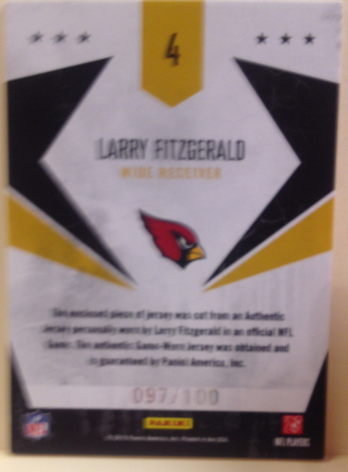 2010 Rookies and Stars Gold Stars Materials #4 Larry Fitzgerald/100 back image