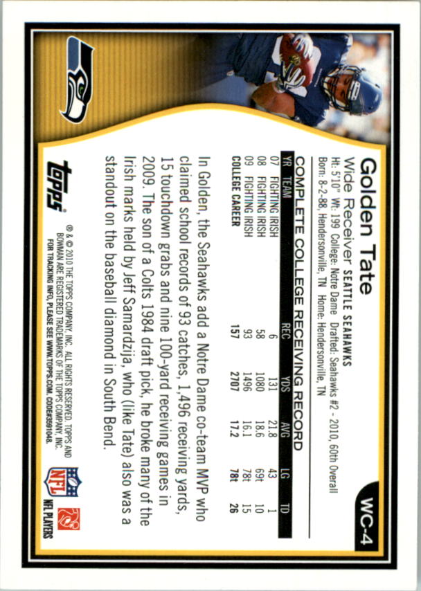 2010 Bowman Wal-Mart Exclusive Gold #WC4 Golden Tate back image