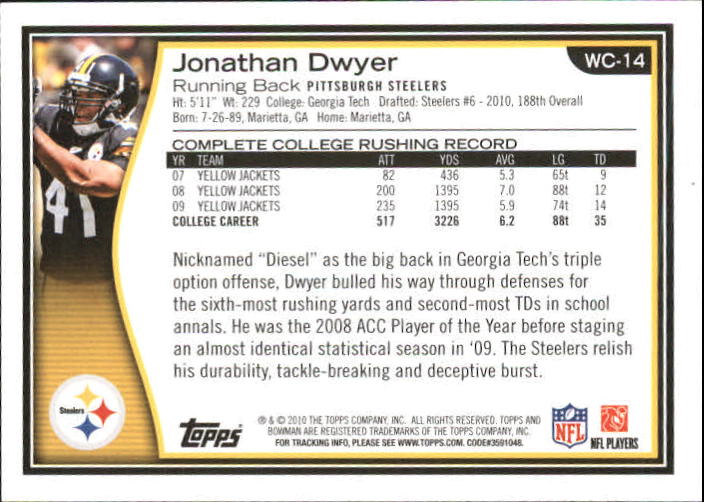 2010 Bowman Wal-Mart Exclusive Gold #WC14 Jonathan Dwyer back image