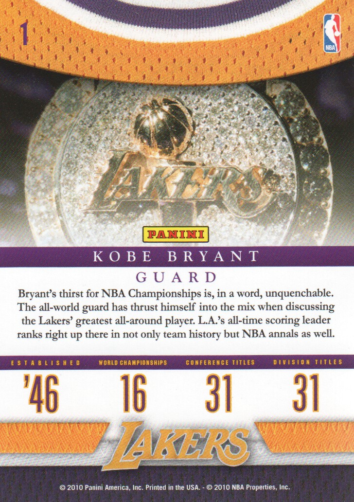 2009-10 Panini Season Update Lakers Legacy #1 Kobe Bryant back image