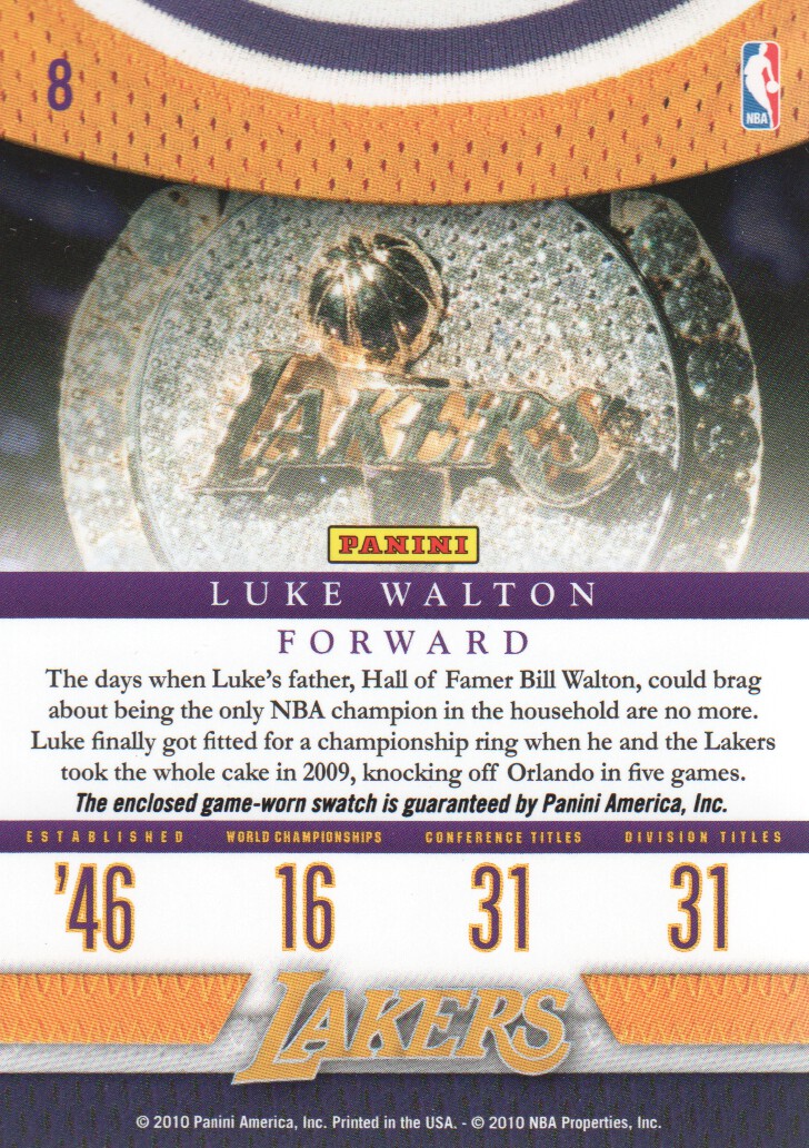 2009-10 Panini Season Update Lakers Legacy Jerseys #8 Luke Walton back image