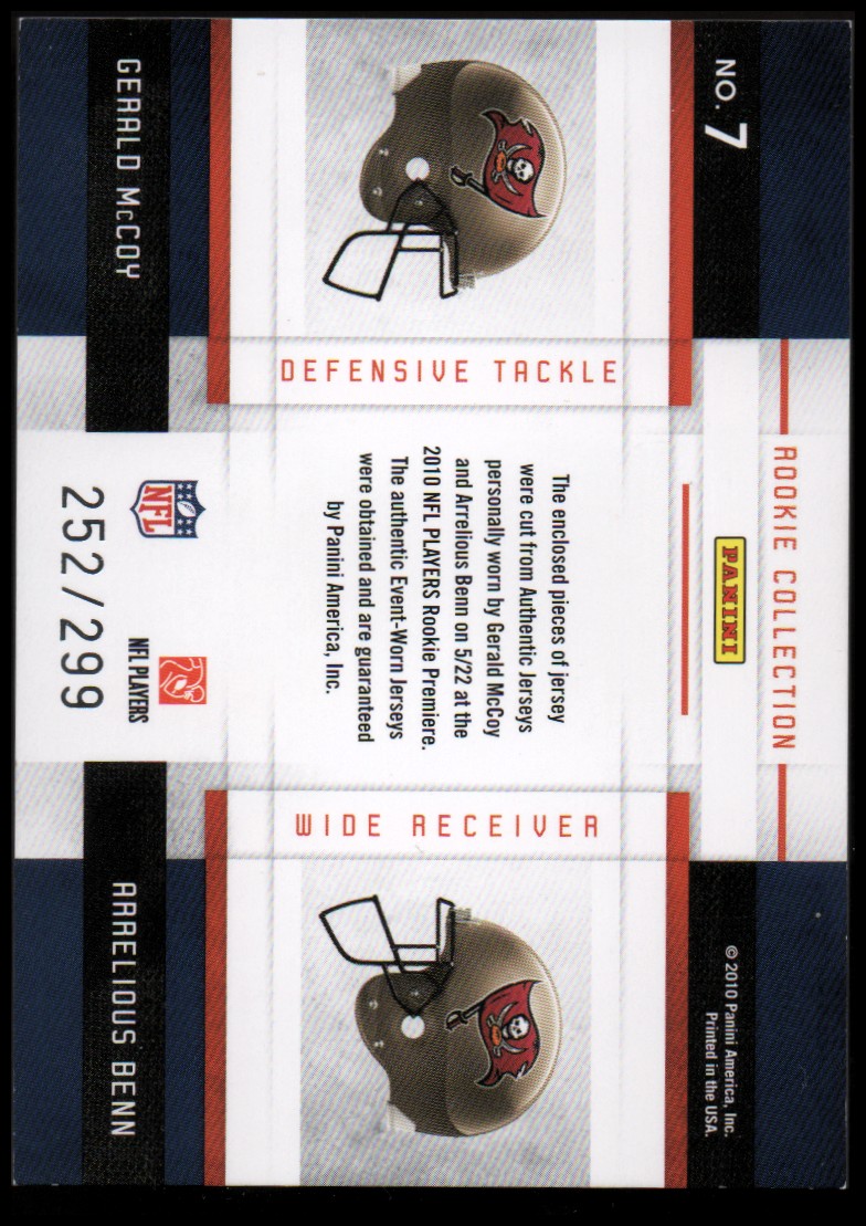 2010 Panini Threads Rookie Collection Materials Combo #7 Gerald McCoy/Arrelious Benn back image